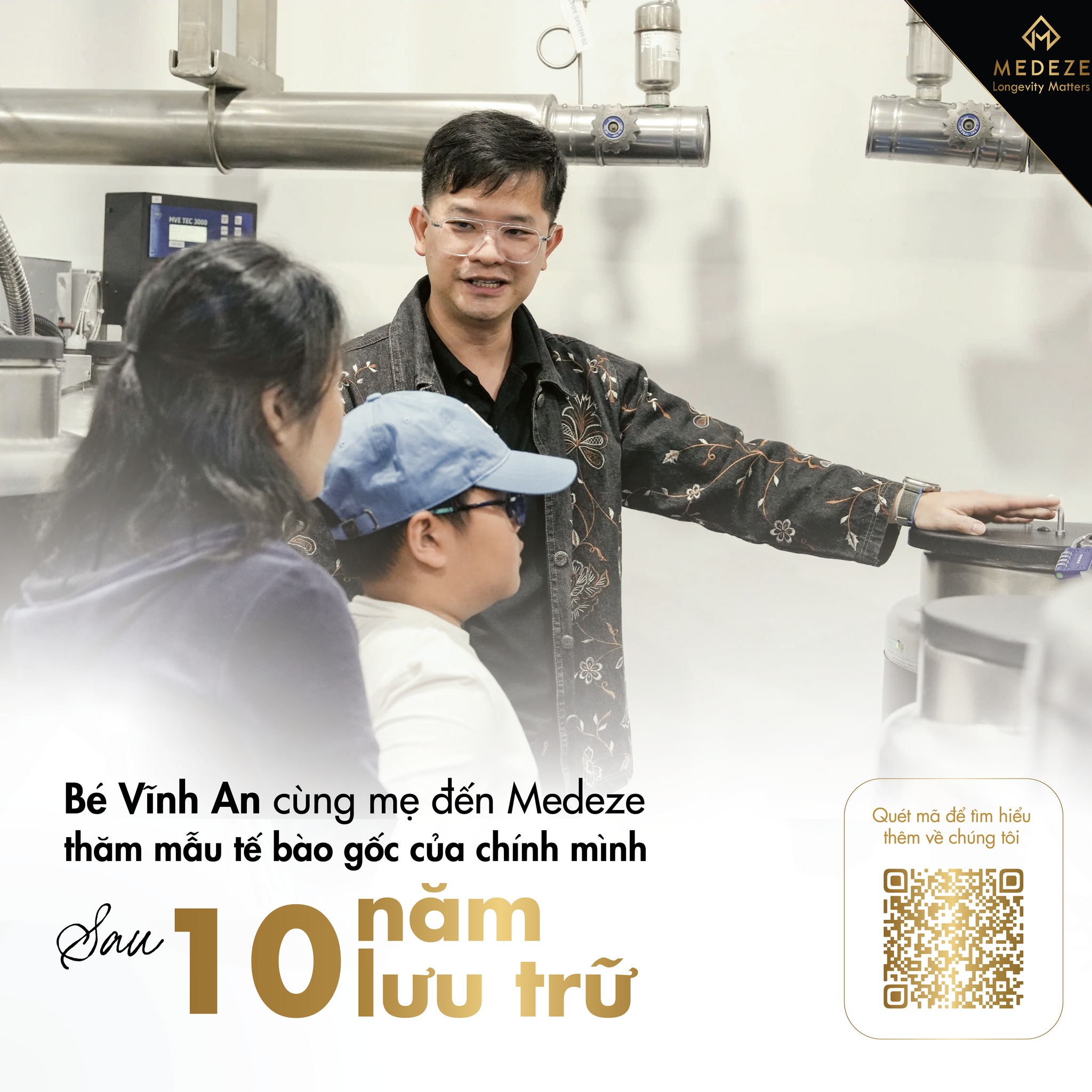 Bé Vĩnh An cùng mẹ đến Medeze thăm mẫu tế bào gốc của mình sau 10 năm lưu trữ
