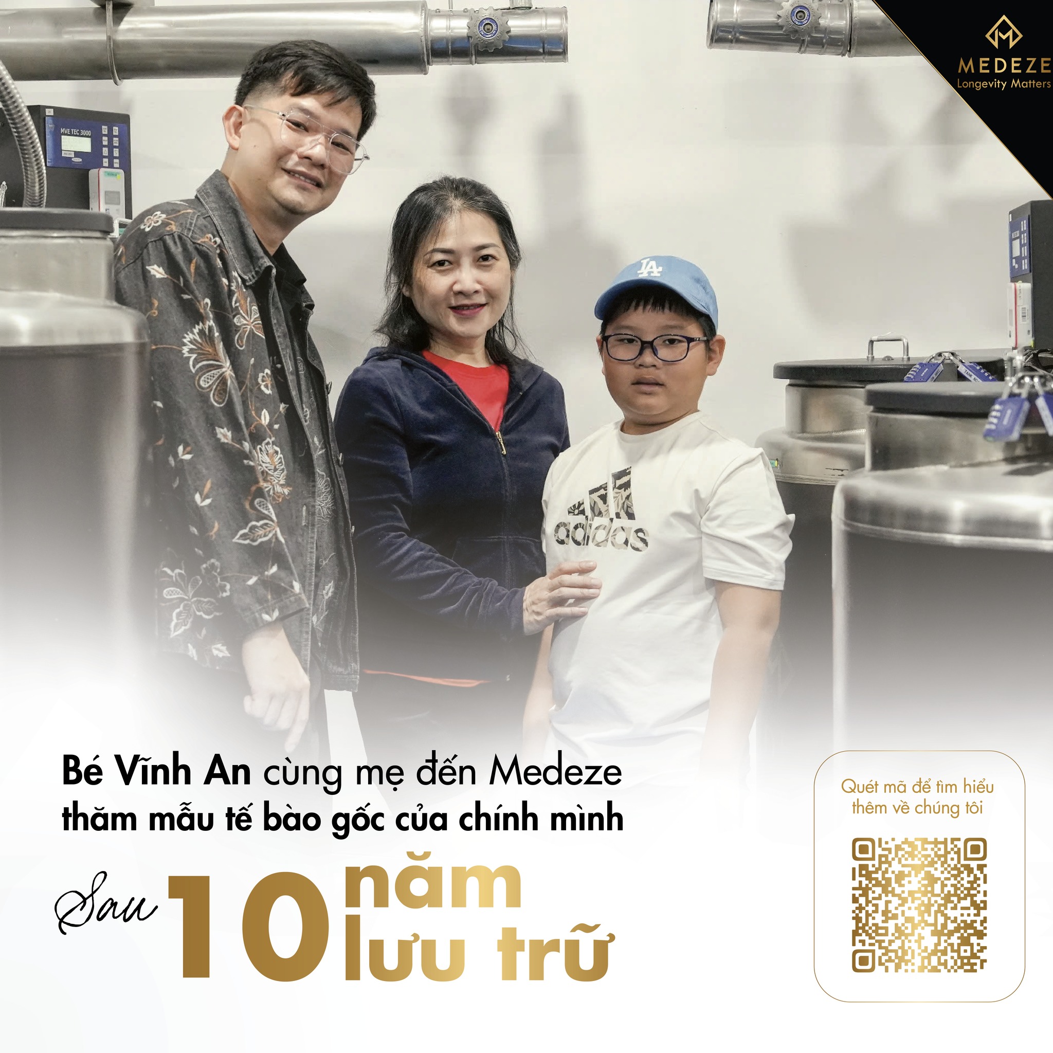 Bé Vĩnh An cùng mẹ đến Medeze thăm mẫu tế bào gốc của mình sau 10 năm lưu trữ